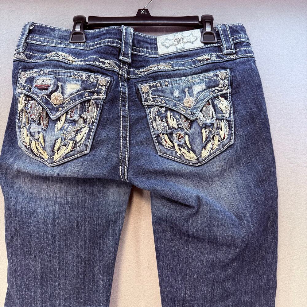 Miss Me Jeans Women's 29x29 (8) Blue Signature Boot Angel Wings Pocket Flaps EUC